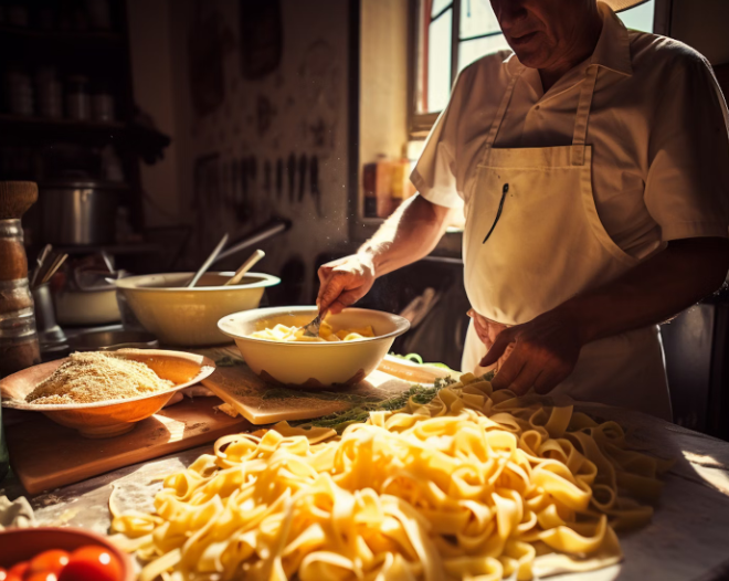 homem cozinhando macarrão